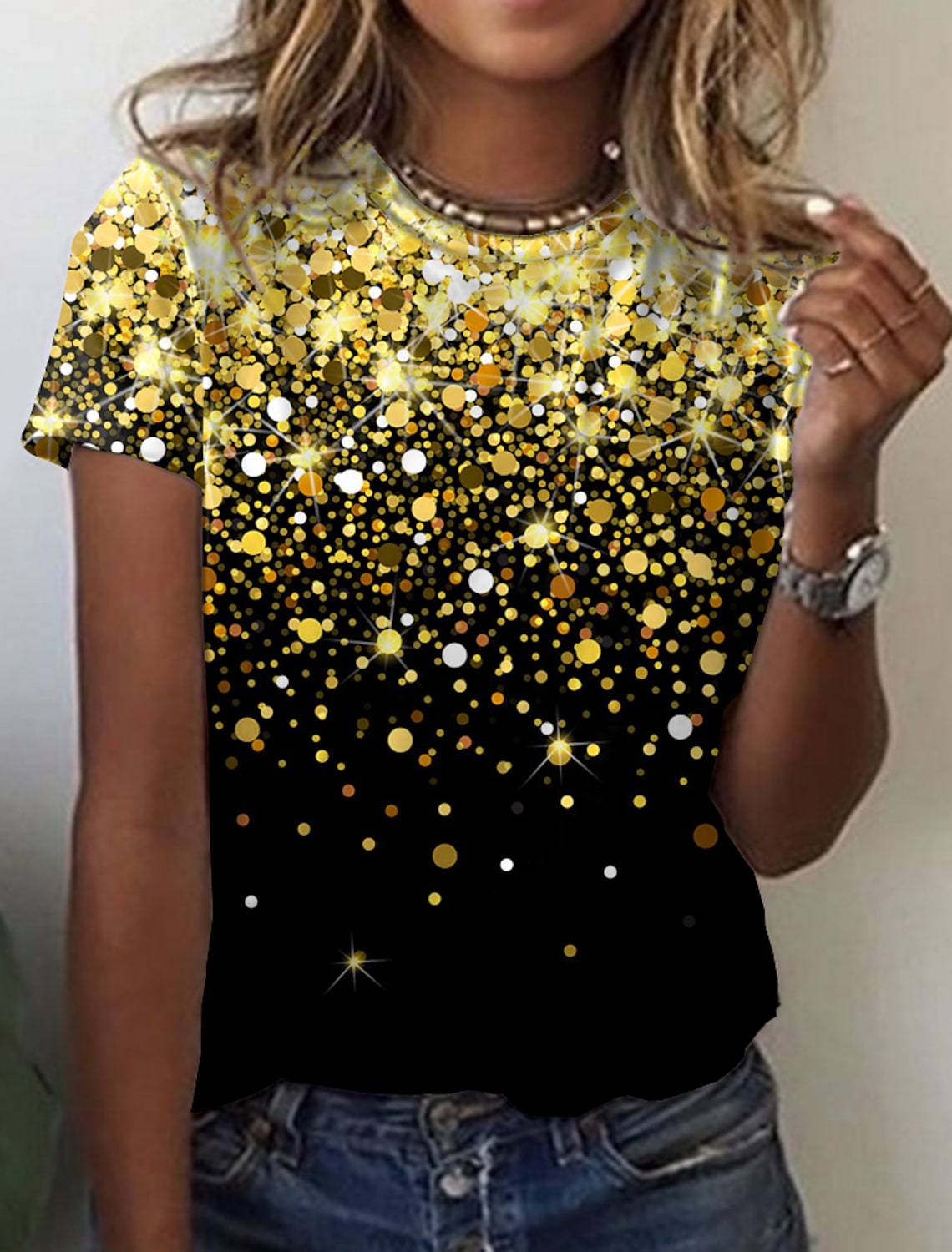 Camiseta de Manga Curta com Estampa Abstrata Retrô Feminina