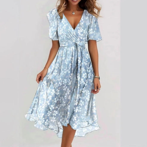Vestido de Chiffon Estampado de Manga Curta com Decote em V Elegante Feminino - Verão