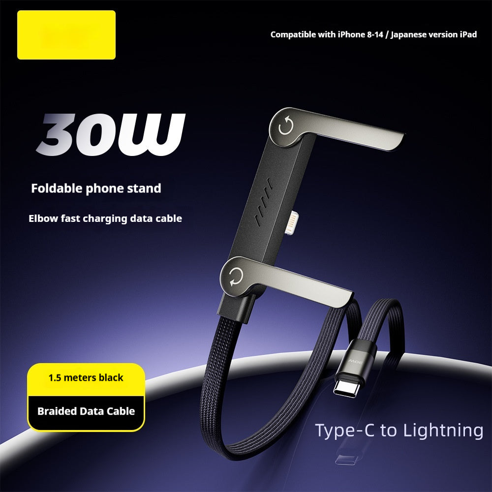 Cabo de Dados de Carregamento Rápido 2 em 1 com Suporte Dobrável para Celular e Tablet, Tipo-C para Tipo-C e USB-A para Tipo-C