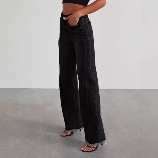 Calça Jeans de Cintura Alta com Bolsos Slim Reta Pantalona Confortável Feminina
