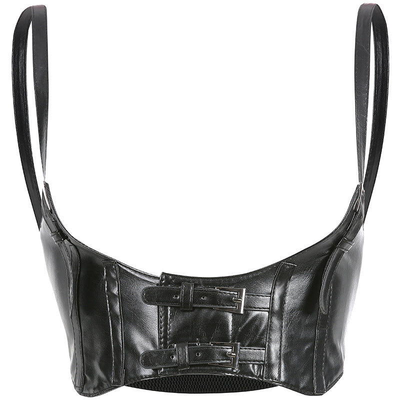 Regata Slim de Couro PU com Tiras Feminina