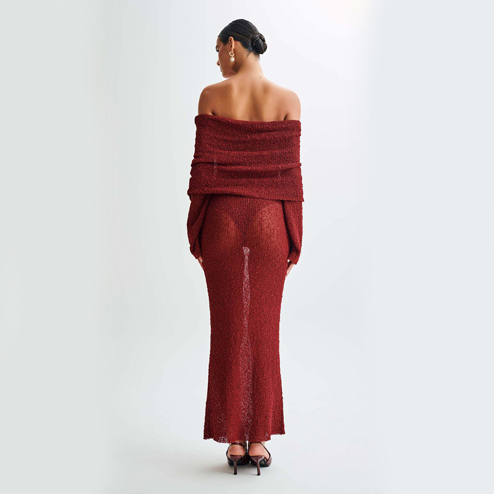 Vestido Longo de Tricô Ombro Único de Manga Longa Feminino - Praia e Férias
