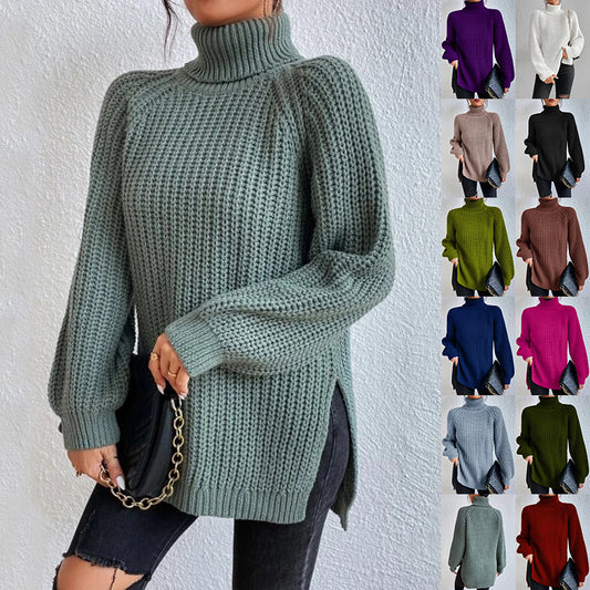 Suéter de Gola Alta com Fenda Liso de Manga Longa Feminino