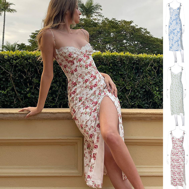 Vestido Longo de Alças com Estampa de Flores de Renda e Fenda Feminino - Verão