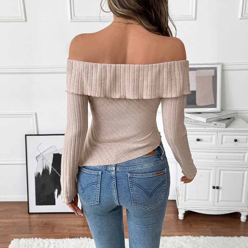 Blusa de Tricô de Manga Longa com Ombros de Fora e Barra Irregular Lisa Feminina