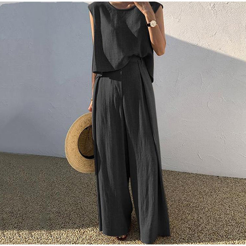 Conjunto de Duas Peças de Algodão e Linho com Blusa Sem Mangas e Calça Pantalona