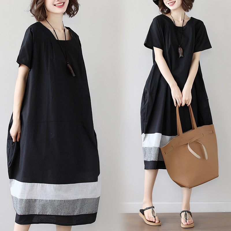Vestido de Algodão e Linho de Manga Curta Médio Plus Size Feminino