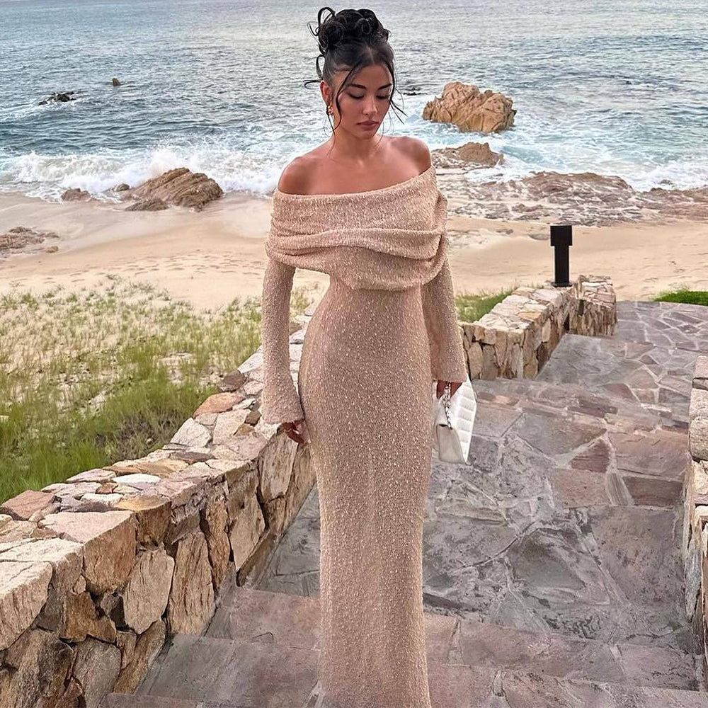 Vestido Longo de Tricô Ombro Único de Manga Longa Feminino - Praia e Férias