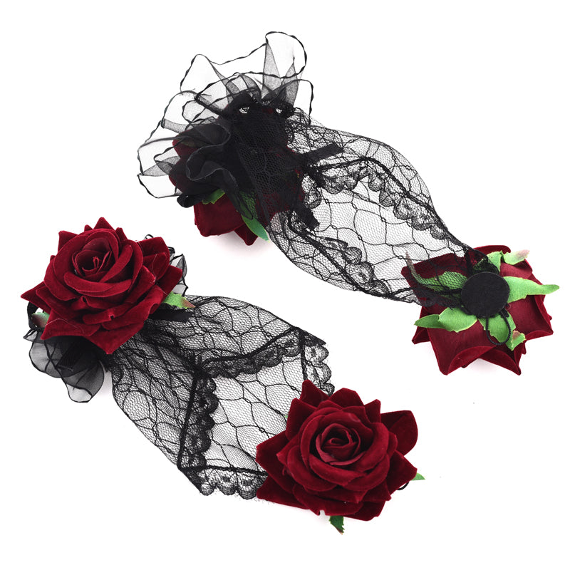 Luvas de Renda Estilo Lolita Vintage com Rosa Vinho