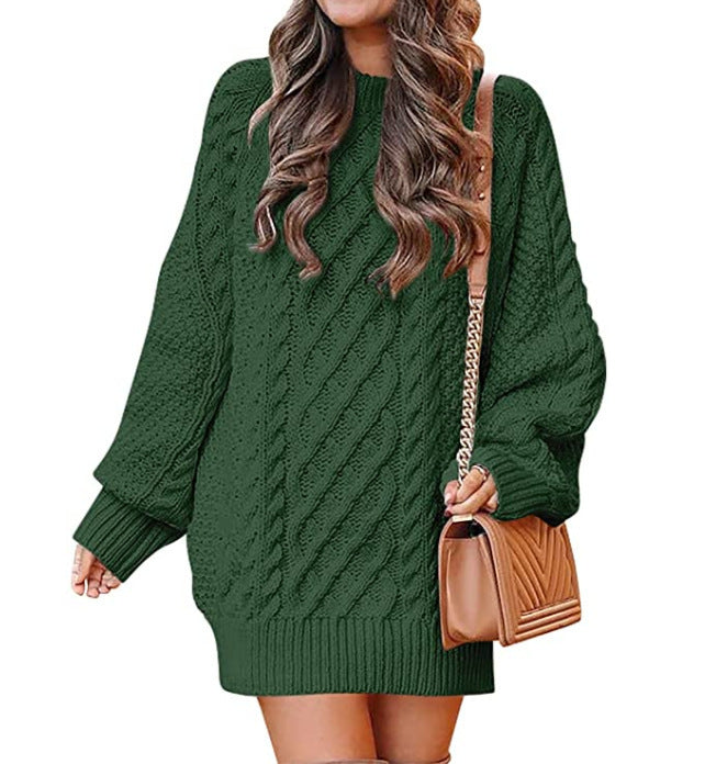 Vestido Suéter Médio de Tricô Torcido com Gola Redonda Feminino