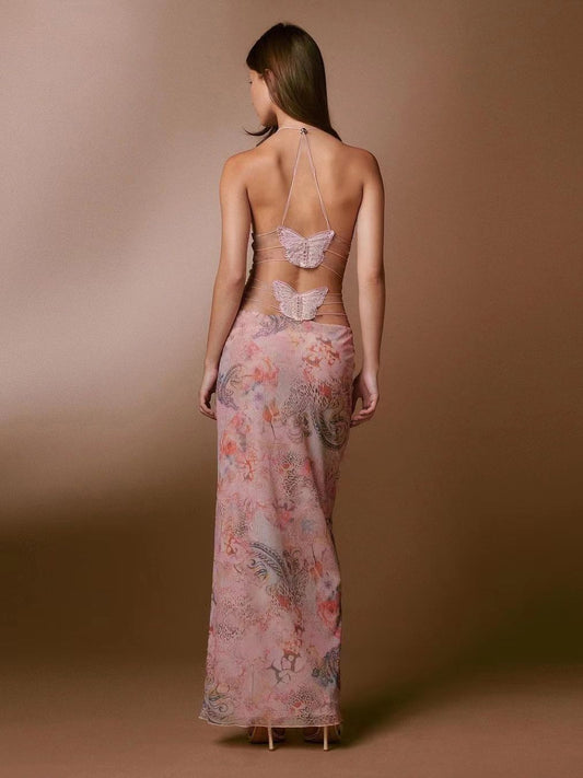Vestido de Alças Frente Única com Estampa Floral e Costas de Borboleta Feminino - Primavera e Verão