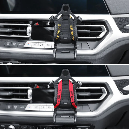 Suporte de Celular para Carro Formato de Banco de Corrida, com Clipe para Saída de Ar e Rotação de 360°, para o Interior do Veículo