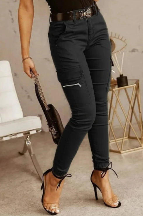 Calça Feminina de Cintura Baixa com Botões e Bolsos Lisa Estilo Europeu e Americano