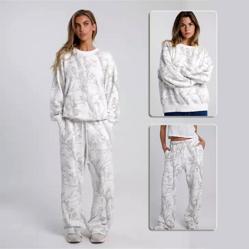 Conjunto de Duas Peças Camuflado com Moletom Estampa de Folha de Bordo - Outono e Inverno Feminino