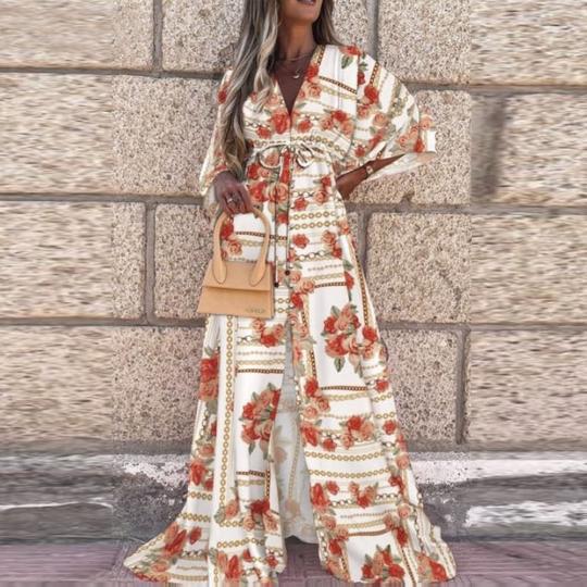 Vestido Longo Estampado de Manga Curta com Decote em V Feminino