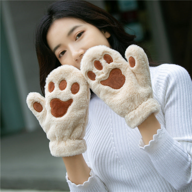 Luvas de Pelúcia Grossas com Patinha de Gato Femininas - Inverno