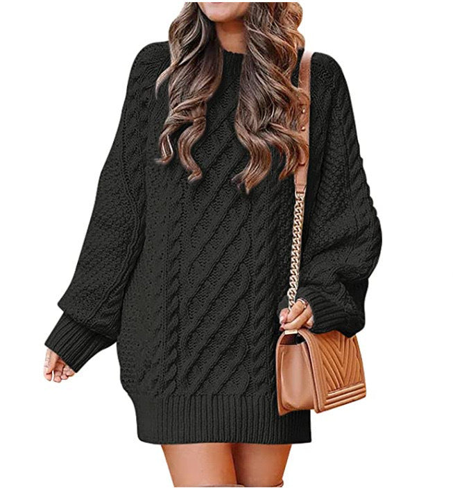 Vestido Suéter Médio de Tricô Torcido com Gola Redonda Feminino