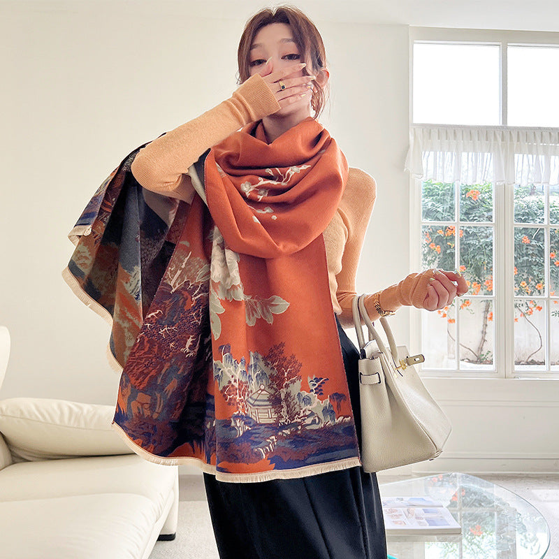 Xale Estilo Cashmere Dupla Face Grosso com Estampa de Ameixeira