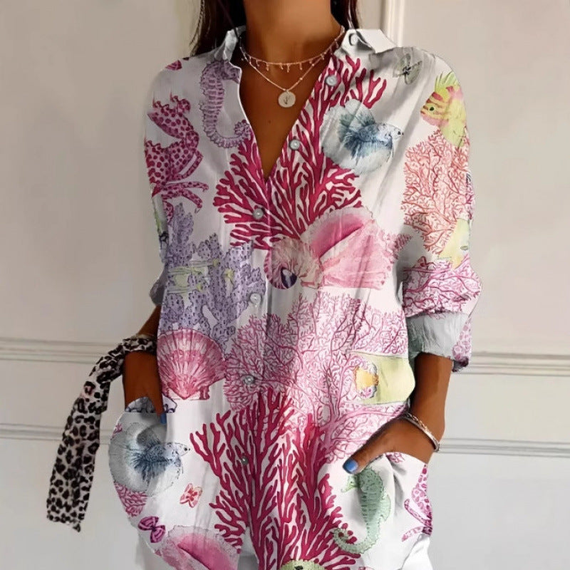 Camisa de Manga Longa Estampada Floral com Botões Feminina