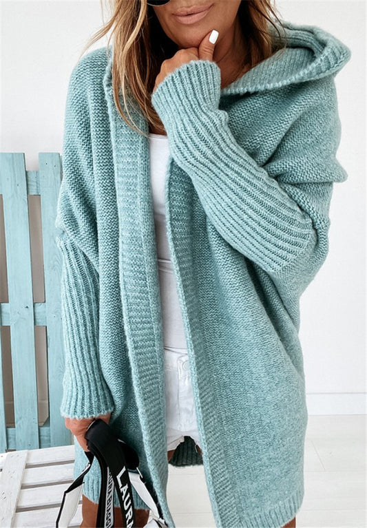 Cardigã Oversized com Capuz e Manga Morcego Solto Liso Feminino