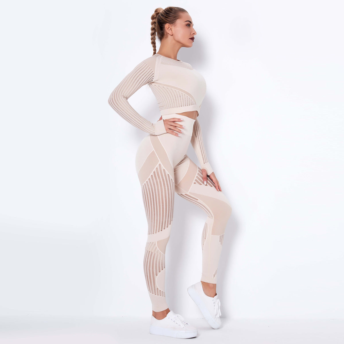Conjunto de Yoga Sem Costura de Tricô Absorvente de Manga Longa