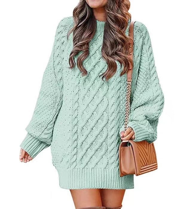 Vestido Suéter Médio de Tricô Torcido com Gola Redonda Feminino