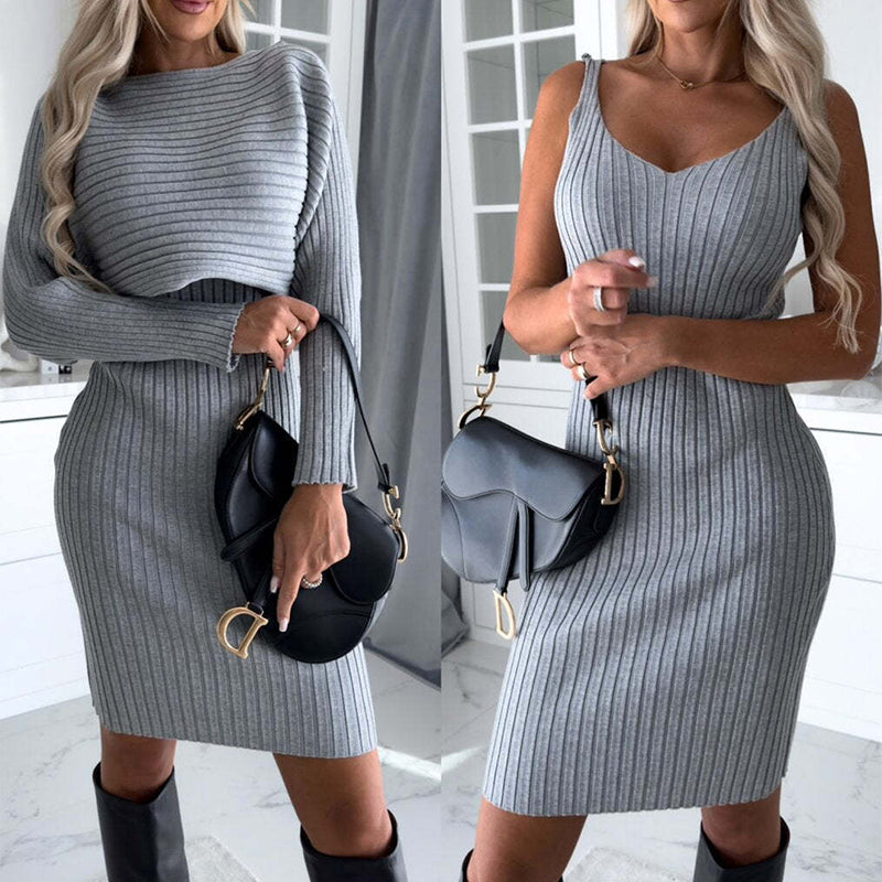 Conjunto de 2 Peças Feminino com Blusa Listrada de Manga Longa e Saia Jardineira Justa