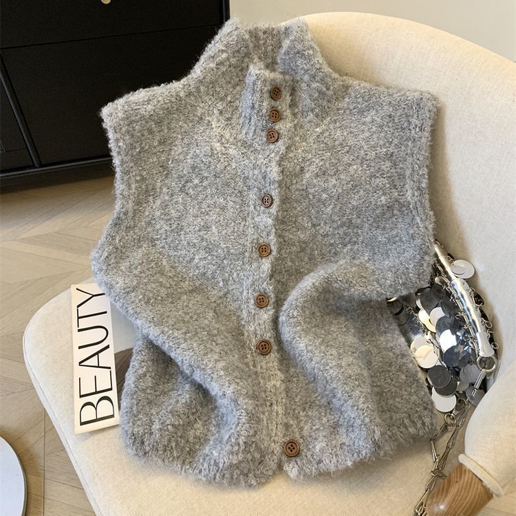 Colete de Tricô Liso Gola Alta com Botões - Estilo Coreano