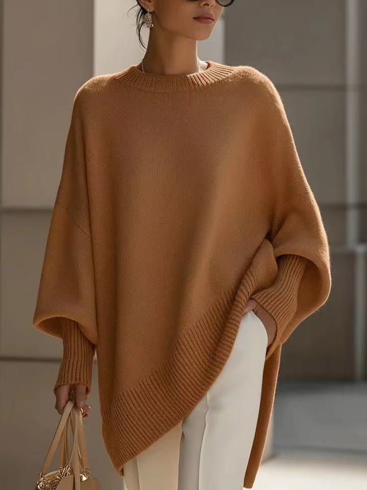 Suéter de Tricô Grosso Solto com Gola Redonda Casual Feminino - Outono e Inverno