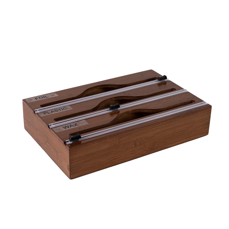 Organizador 3 em 1 de Bambu para Filme Plástico, Papel Alumínio e Papel Manteiga, com Cortador e Etiquetas, para Cozinha