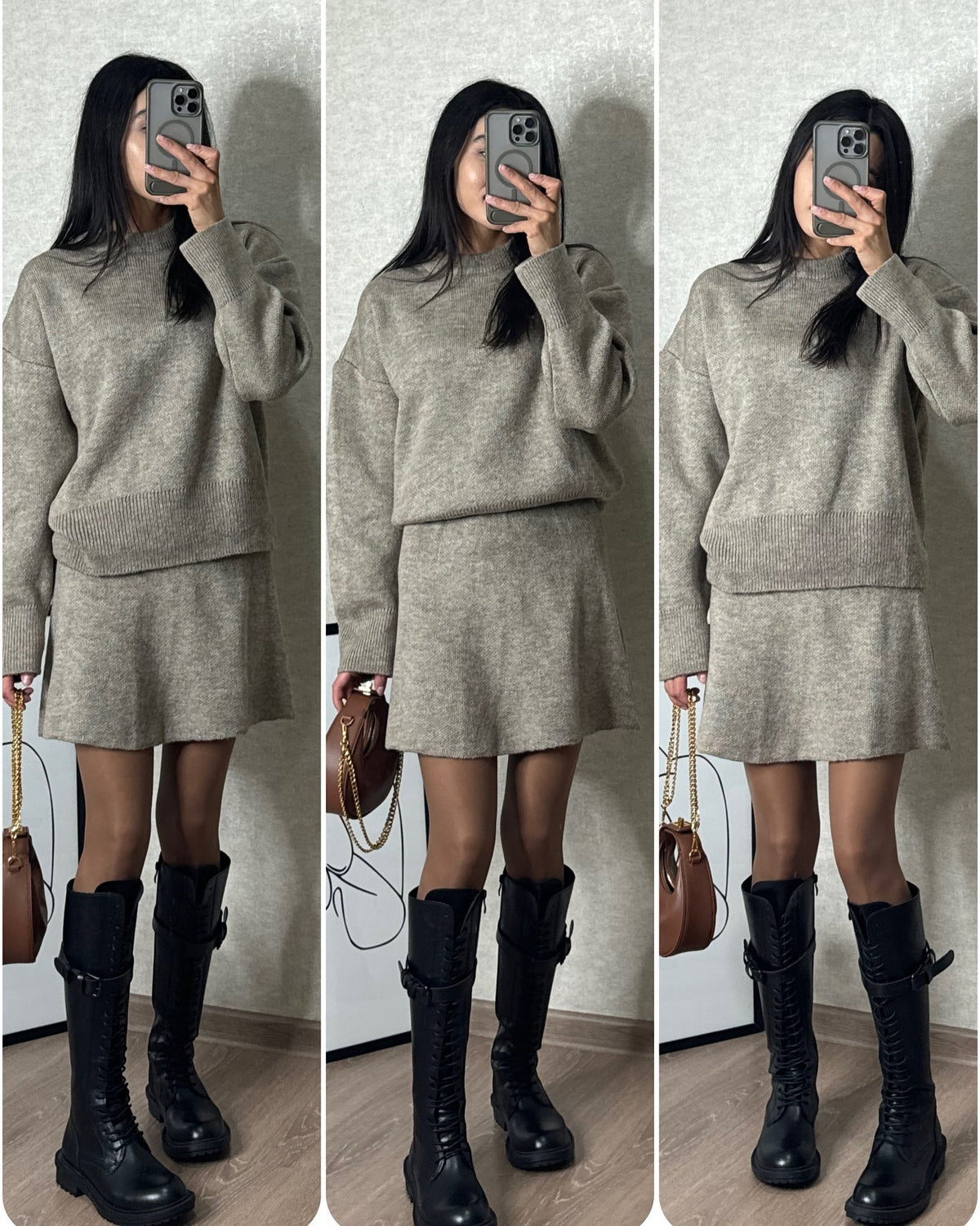 Conjunto de Suéter e Saia de 2 Peças de Tricô Casual Versátil de Manga Longa Feminino