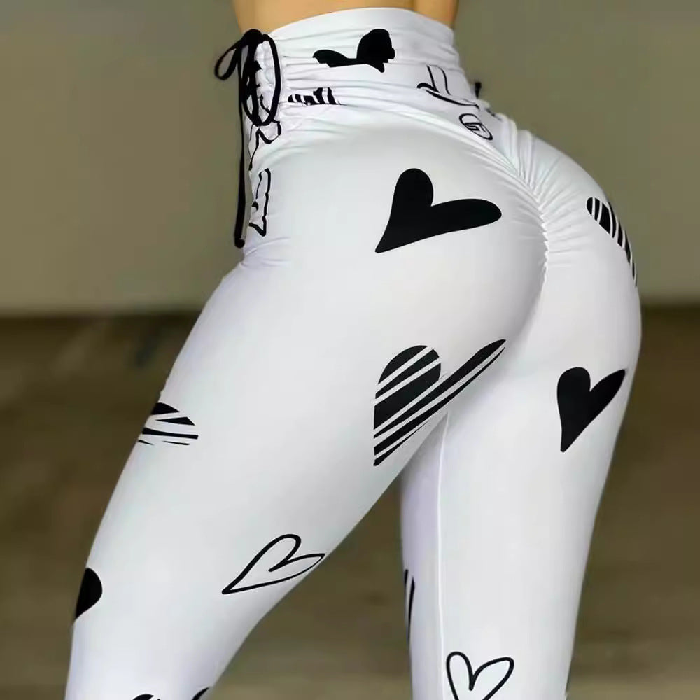 Legging Esportiva com Cordão e Estampa de Coração para Yoga e Fitness