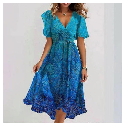 Vestido de Chiffon Estampado de Manga Curta com Decote em V Elegante Feminino - Verão