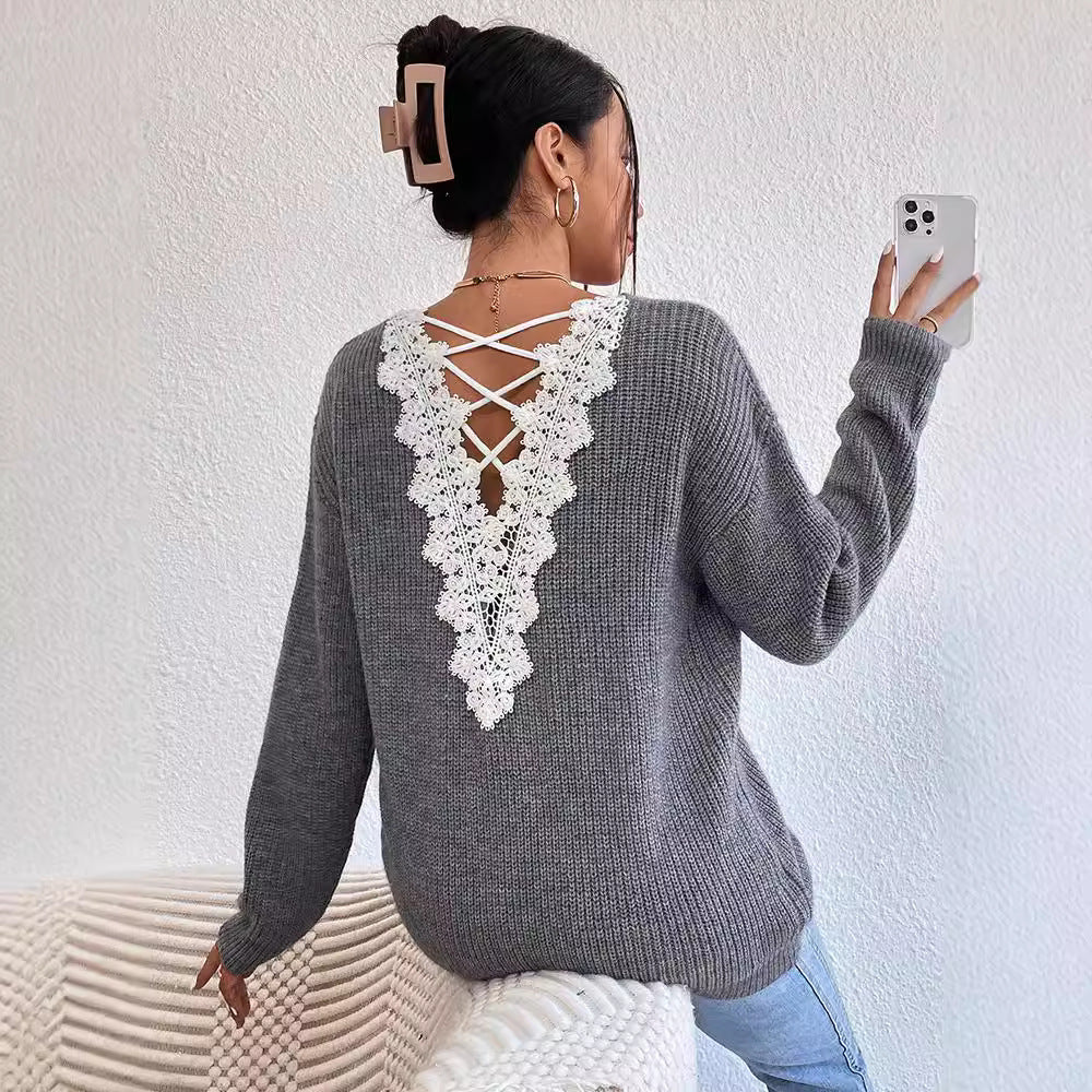 Suéter de Cashmere com Decote em V e Costas Abertas Estilo Y2K Feminino - Inverno