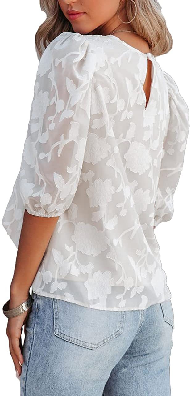 Blusa Solta de Chiffon com Manga Bufante e Textura Floral Feminina