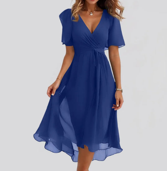 Vestido de Chiffon Estampado de Manga Curta com Decote em V Elegante Feminino - Verão