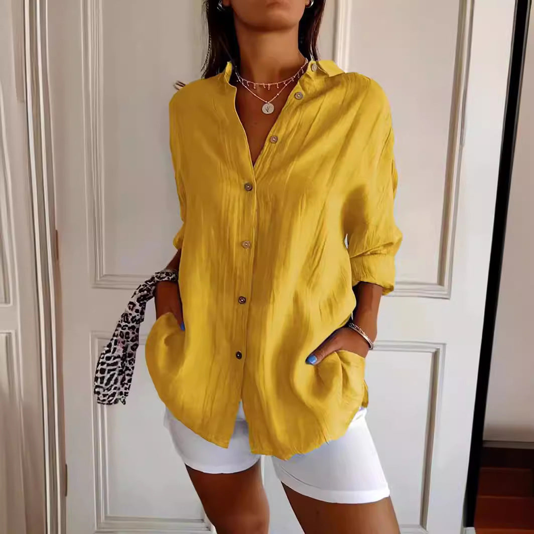 Camisa de Manga Longa com Lapela e Pregas Abotoada Feminina