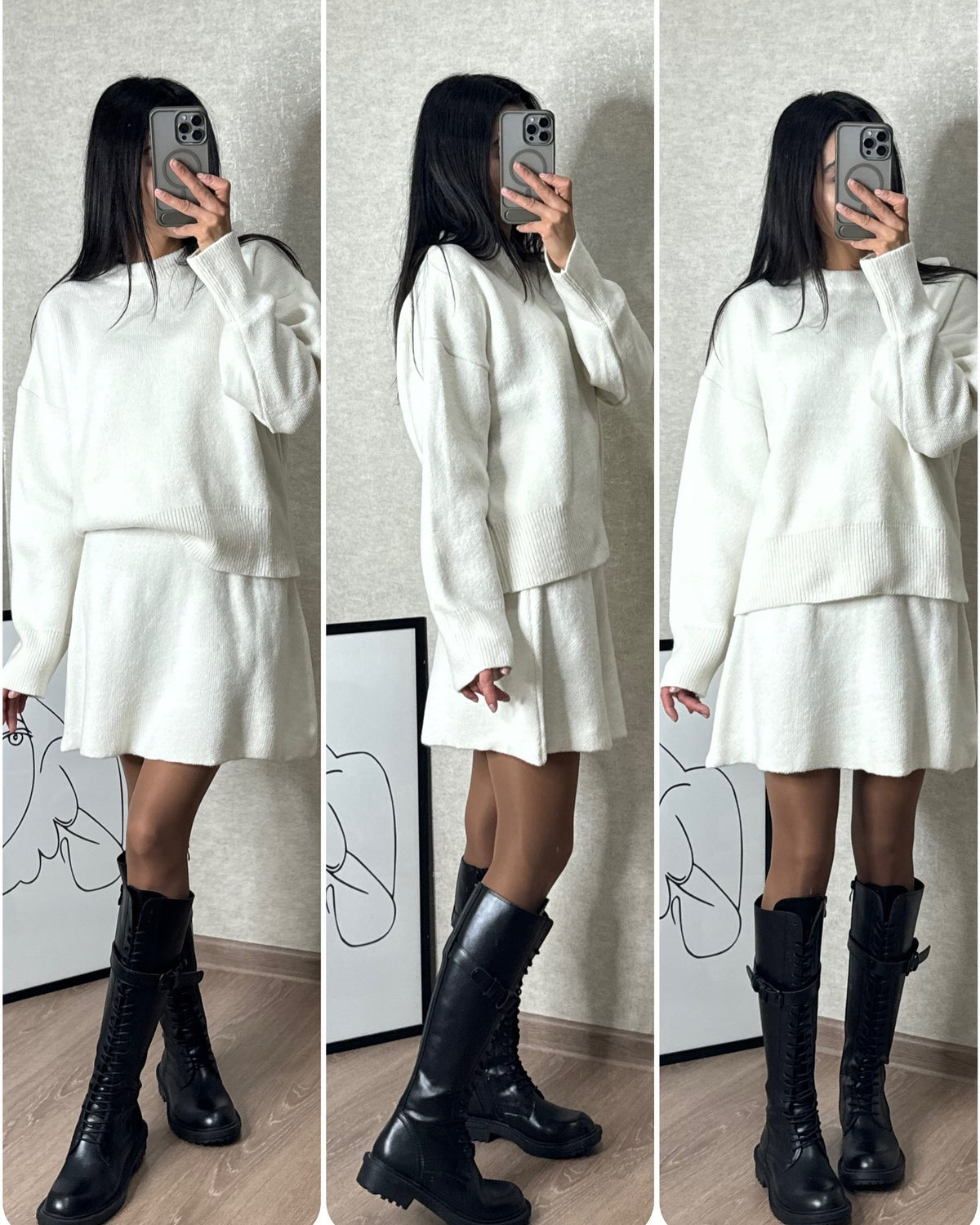 Conjunto de Suéter e Saia de 2 Peças de Tricô Casual Versátil de Manga Longa Feminino