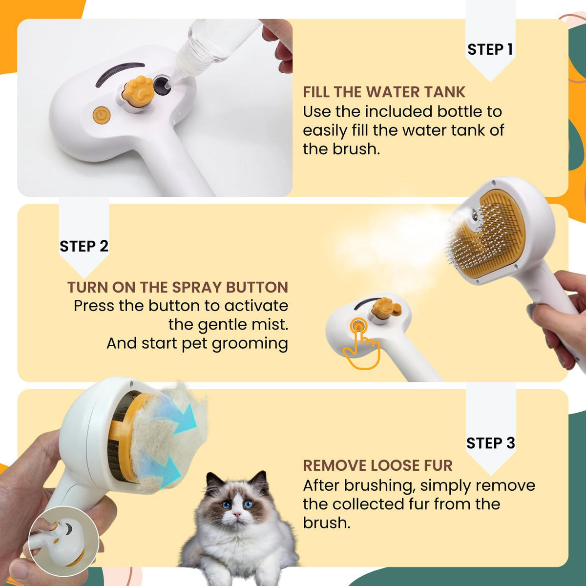 Escova com Spray de Água para Cães e Gatos de Pelo Curto e Longo
