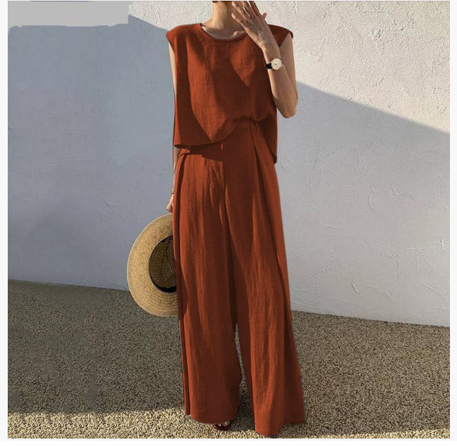 Conjunto de Duas Peças de Algodão e Linho com Blusa Sem Mangas e Calça Pantalona