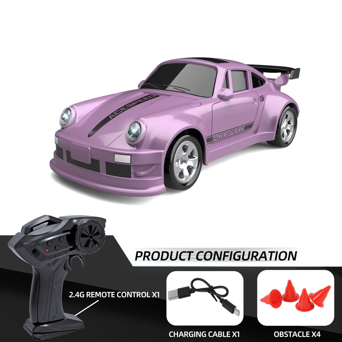 Mini Carrinho Drift de Controle Remoto 1:64 de Mesa com Quatro Rodas e Luz, Brinquedo